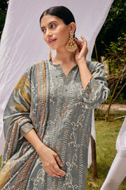 Grey Color Pure Muslin Silk Hand Block With Gold Print Casual Dress